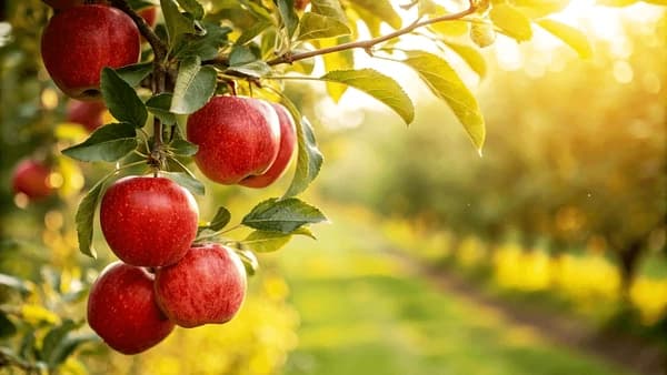 Red apples hanging on a tree branch in a sunlit orchard.