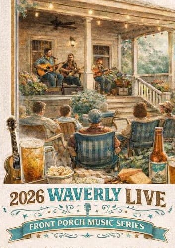 A cozy evening scene of musicians performing on a porch for an audience enjoying refreshments and music.