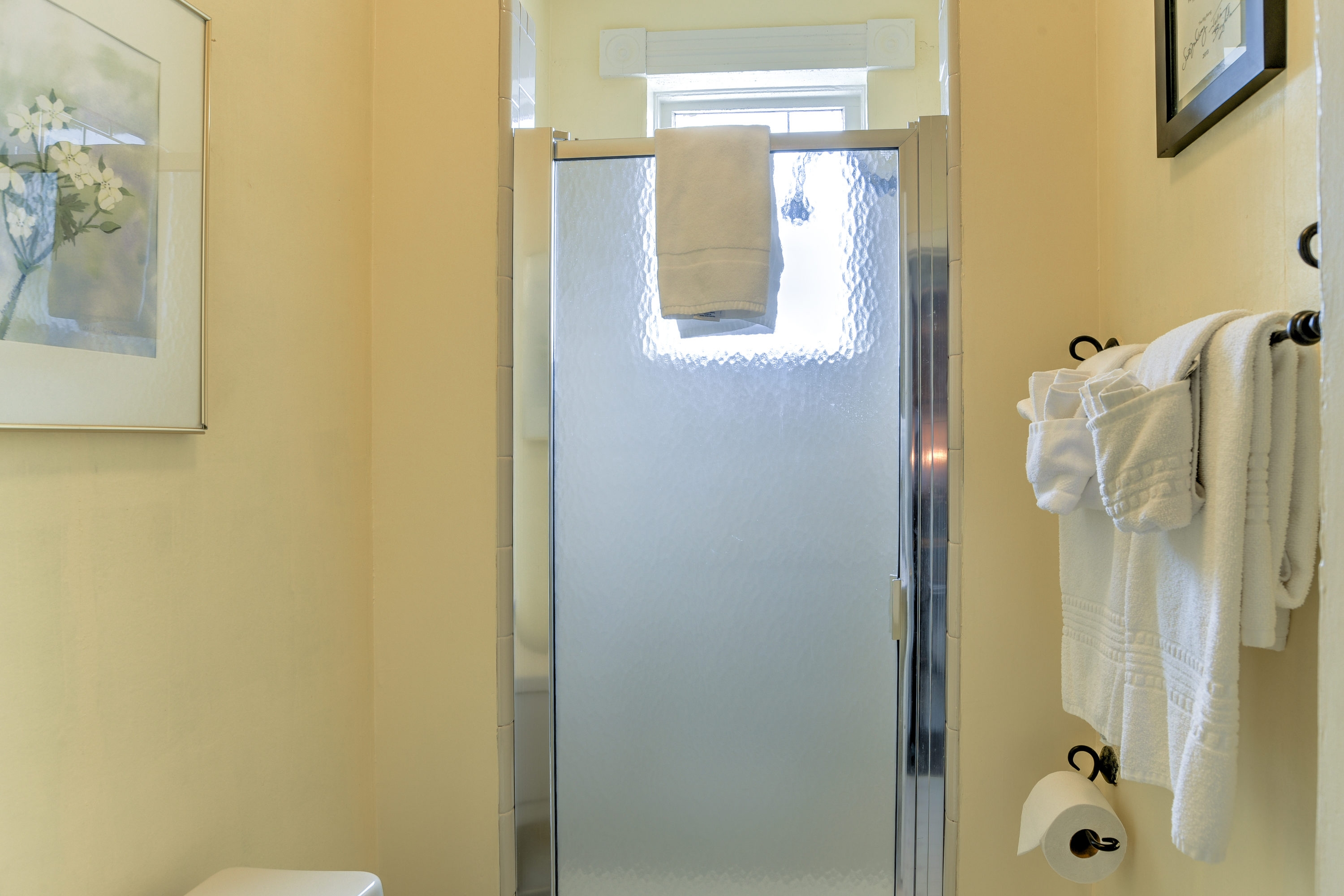 Bathroom features small shower with glass door, towel rack, and white toilet.