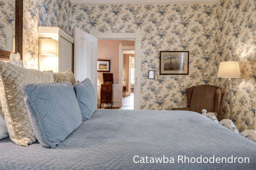 A cozy bedroom featuring a blue quilted bedspread, floral wallpaper, and a doorway leading to a living area.
